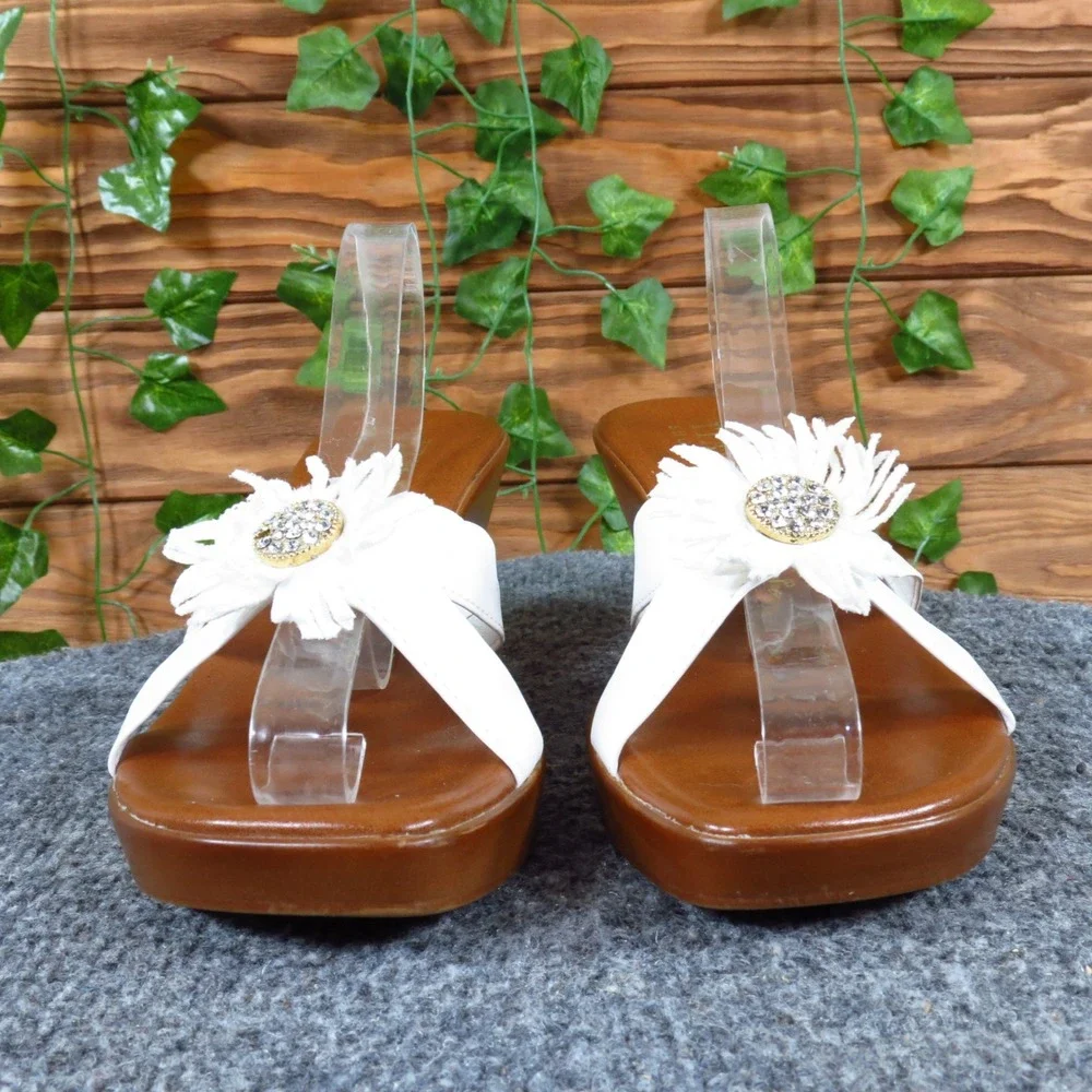 Italian Shoemakers Womens Floral‎ Wedge Sandals Size 8 Summer Slide White Brown